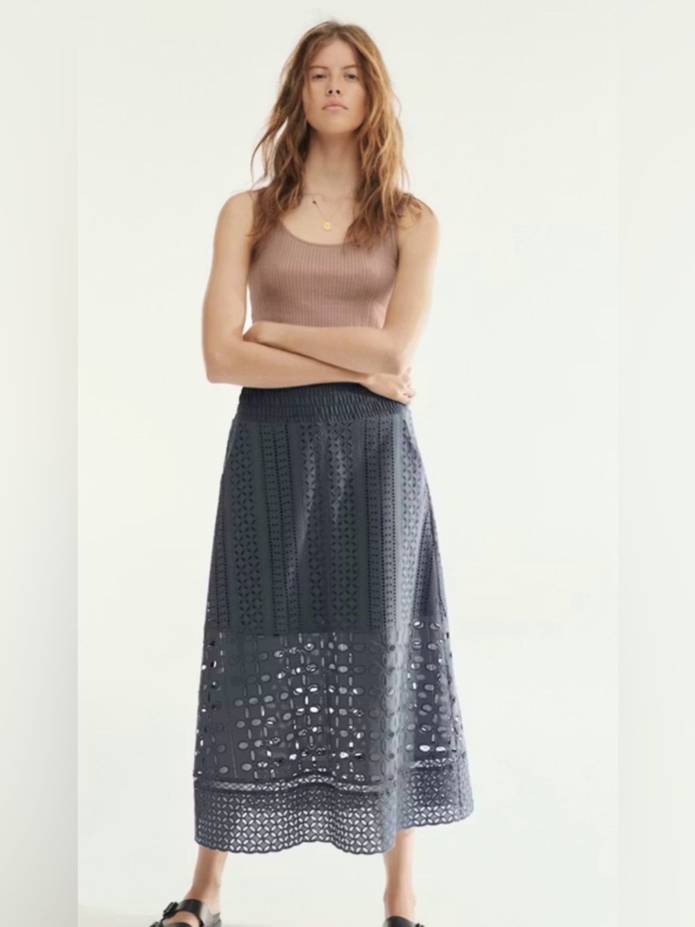 Wrap London indigo steel blue Broderie Eyelet Midi Skirt size 10. - Picture 2 of 15